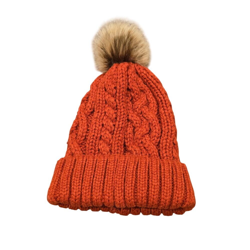 Women's Burnt Orange Knit Faux Fur Pom Pom Stocking Cap